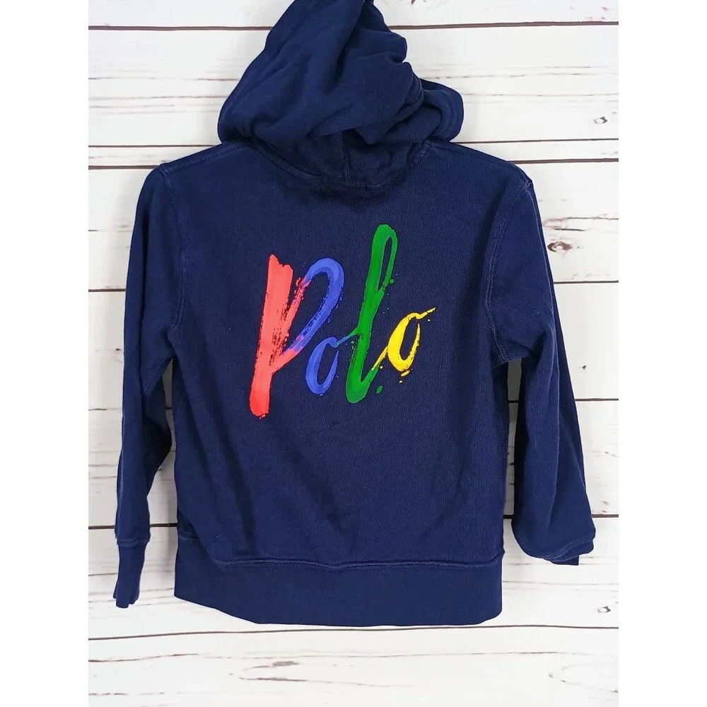 Ralph Lauren Polo Kids Navy Full-Zip Hoodie With Kangaroo Pockets & Multicolor L